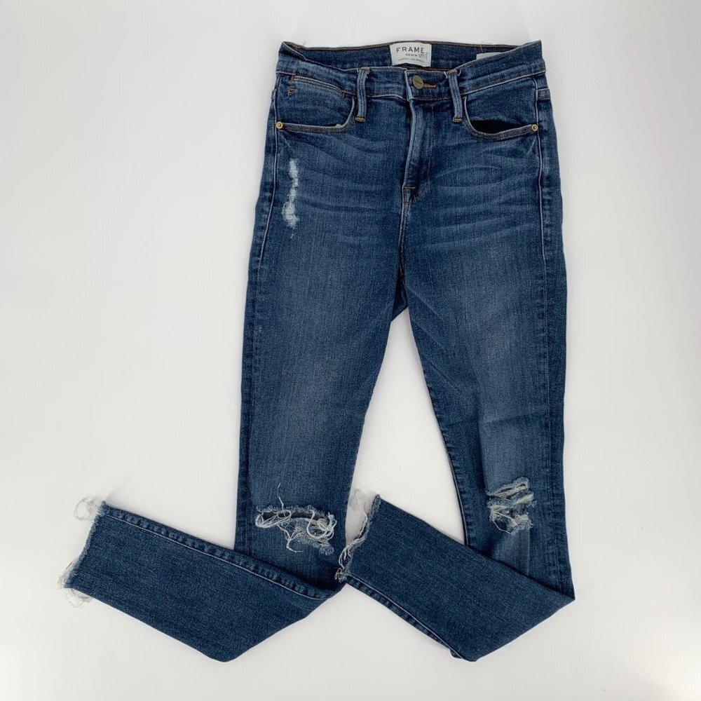 FRAME Le High Skinny Jeans Raw‎ Hem, Distressed, Shredded Knees Size 26